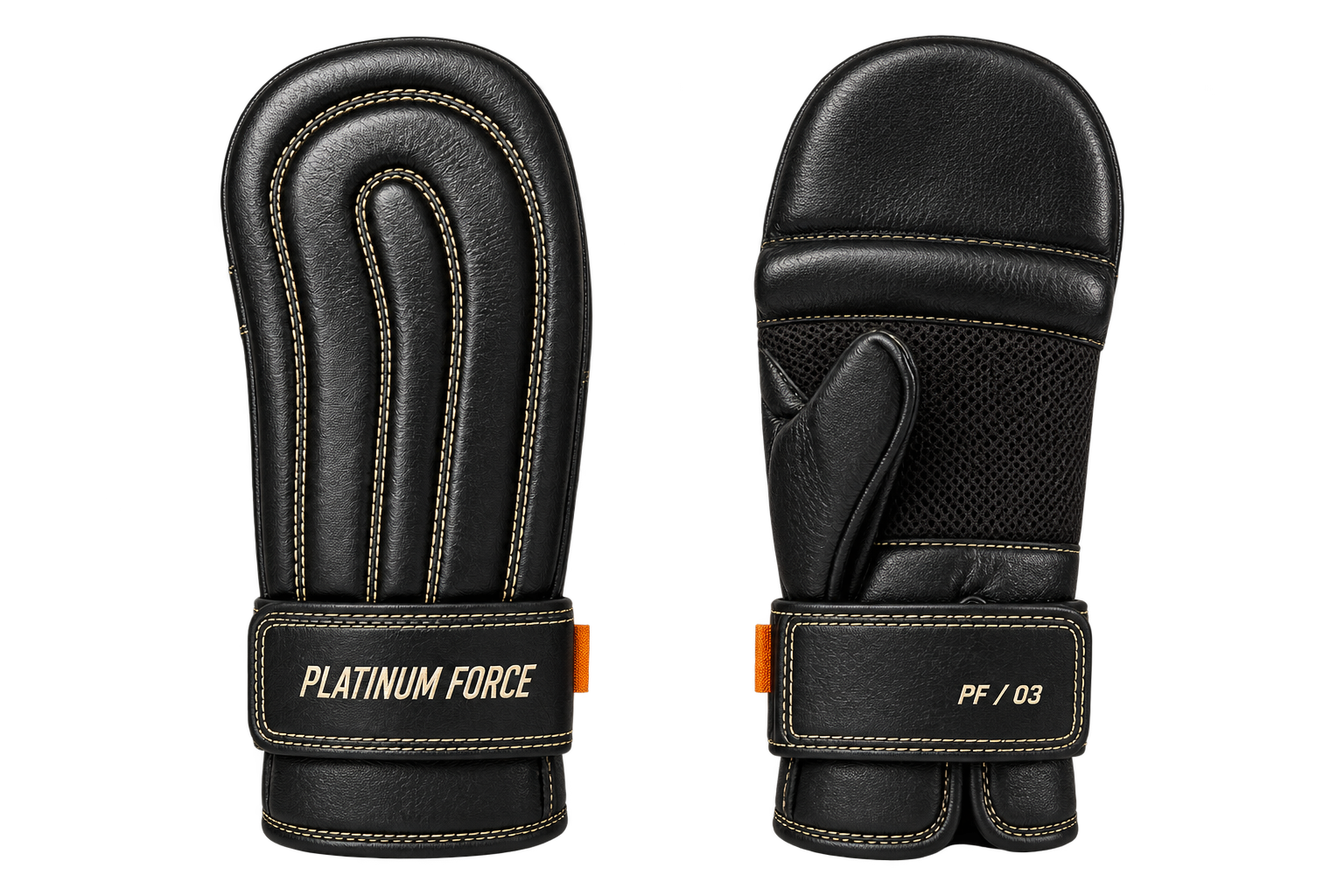 Front and reverse design views of Platinum Force old-school bag mitts