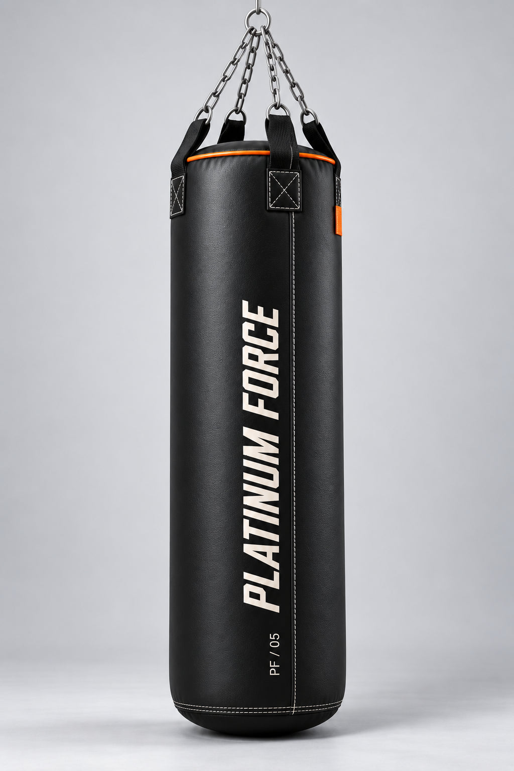 Black vinyl Platinum Force PF / 05 heavy bag with ivory branding and an orange rim