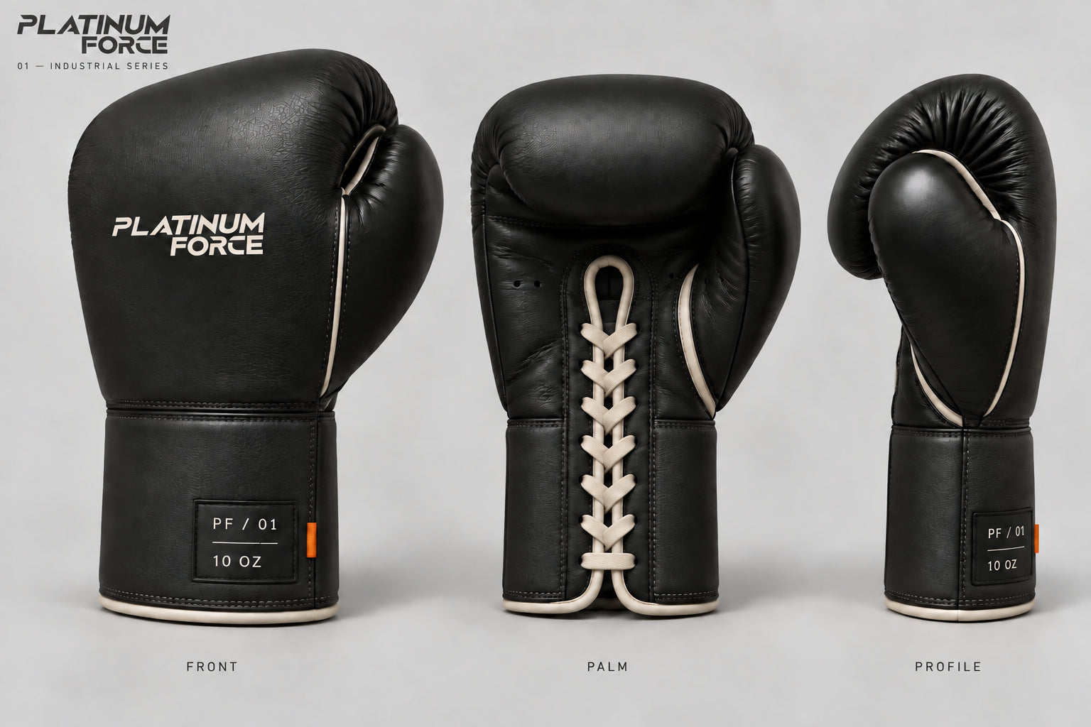 The black-and-ivory glove design in front, palm and profile views