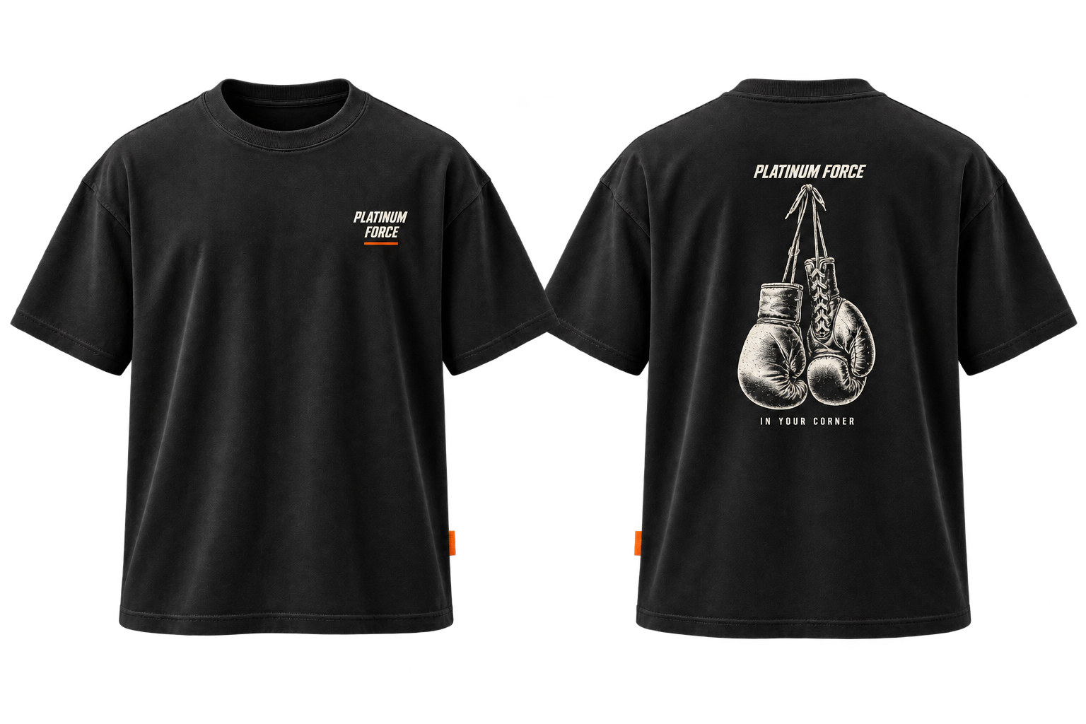 Front and back design views of the black Platinum Force T-shirt with orange accents