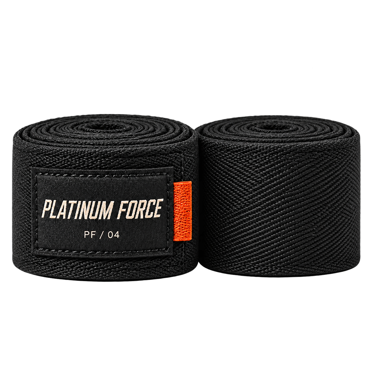 Two rolled black Platinum Force hand wraps with a black label, ivory lettering and orange tab